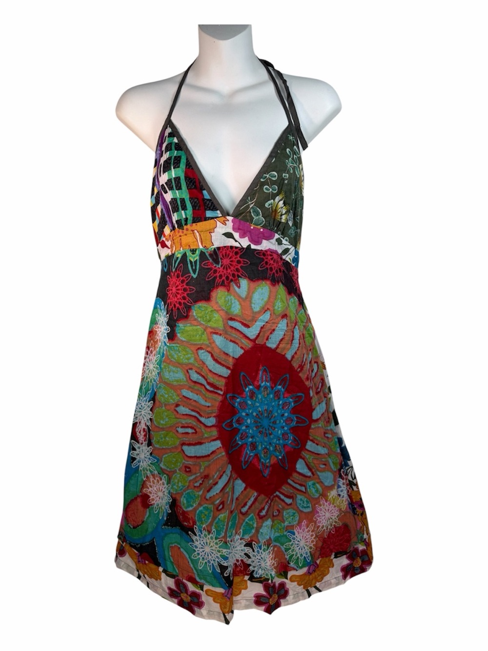Desigual Floral Halter Dress Patchwork Boho Sundress Maximalist 36 Cotton Summer